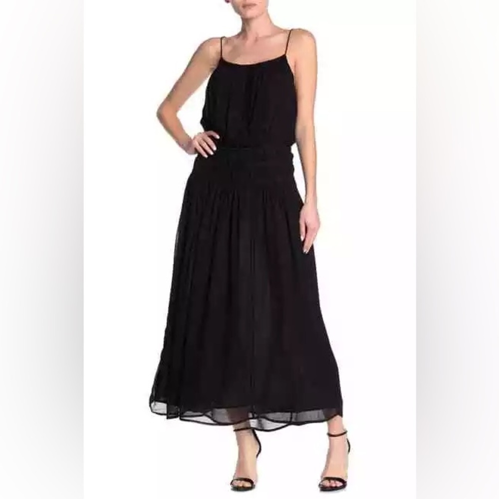 New Frame Black Spaghetti Strap Smocked Gathered Waist Maxi Dress Small